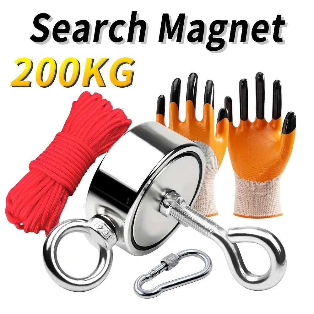 Double Sided Fishing Magnet Kit — Rope, Gloves & Carabiner Included