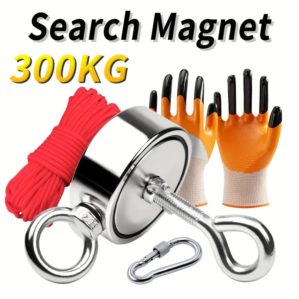 Double Sided Fishing Magnet Kit — Rope, Gloves & Carabiner Included