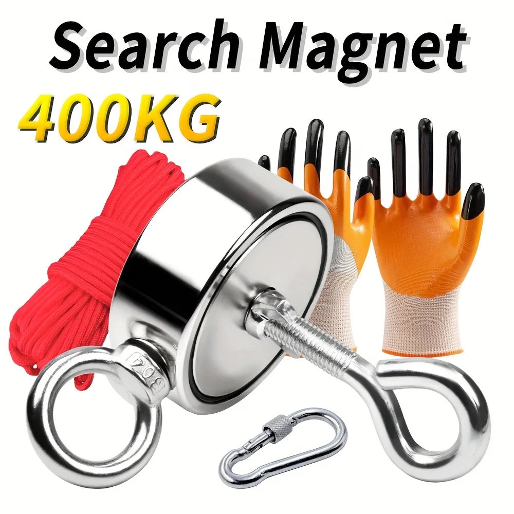 Double Sided Fishing Magnet Kit — Rope, Gloves & Carabiner Included