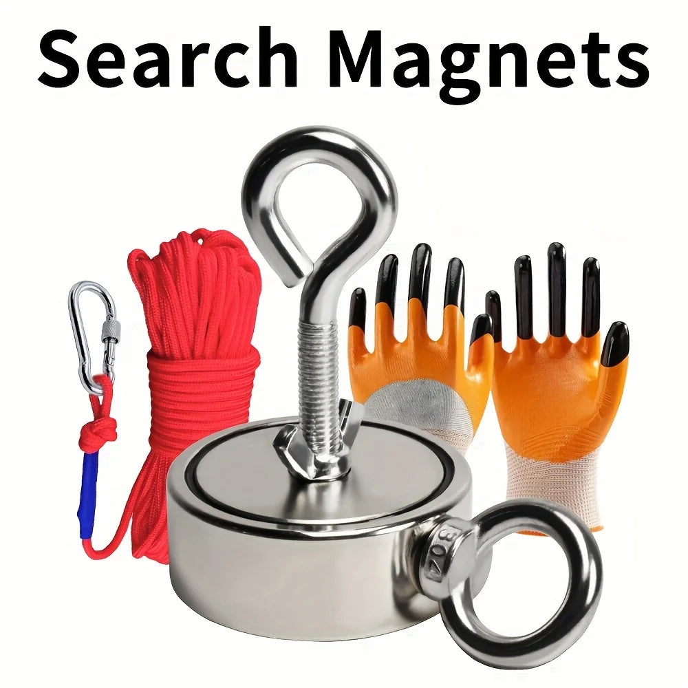 Double Sided Fishing Magnet Kit — Rope, Gloves & Carabiner Included