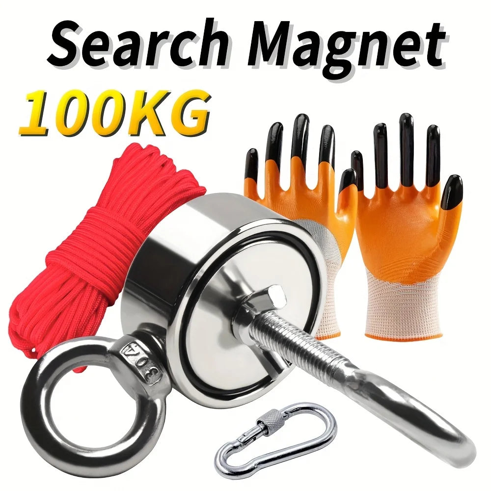 Double Sided Fishing Magnet Kit — Rope, Gloves & Carabiner Included