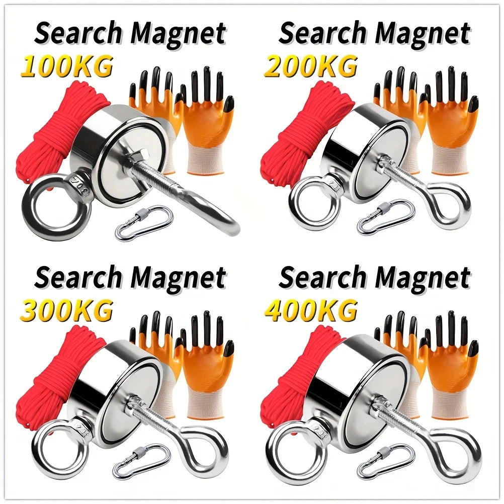 Double Sided Fishing Magnet Kit — Rope, Gloves & Carabiner Included