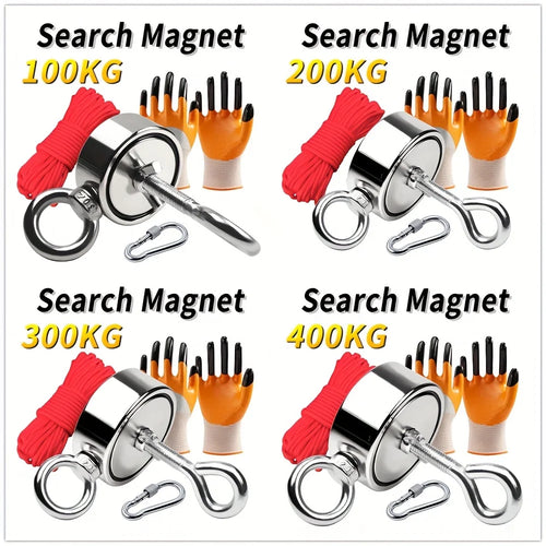 Double Sided Fishing Magnet Kit — Rope, Gloves & Carabiner Included